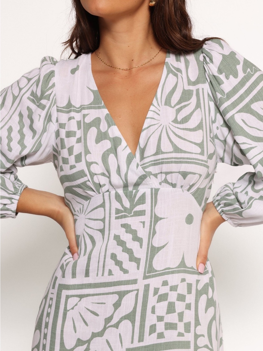 Petal & Pup Kolby Long Sleeve Midi Dress Light Green & White Printed Maxi Dress - Picture 6 of 11